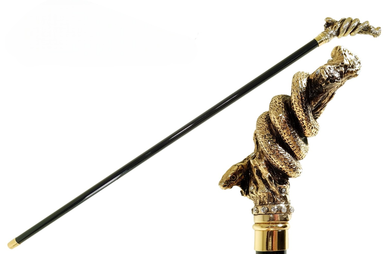 Gold Plated Walking Cane – Italian Handmade Snake Handle Cane with Crystals