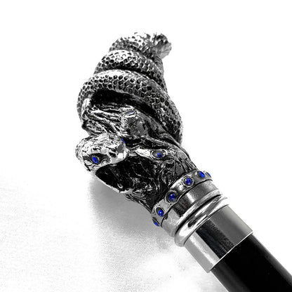 Silver-Plated Snake Cane - Handmade Italian Luxury Walking Stick with Sapphire Crystals