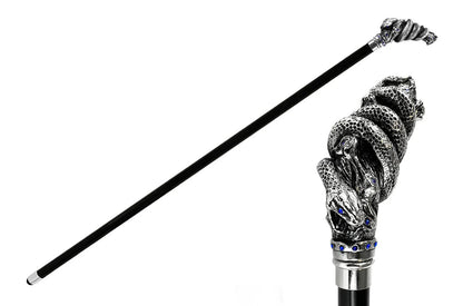 Silver-Plated Snake Cane - Handmade Italian Luxury Walking Stick with Sapphire Crystals