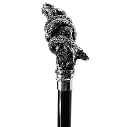 Silver-Plated Snake Cane - Handmade Italian Luxury Walking Stick with Sapphire Crystals