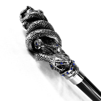 Silver-Plated Snake Cane - Handmade Italian Luxury Walking Stick with Sapphire Crystals