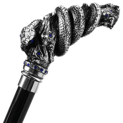Silver-Plated Snake Cane - Handmade Italian Luxury Walking Stick with Sapphire Crystals
