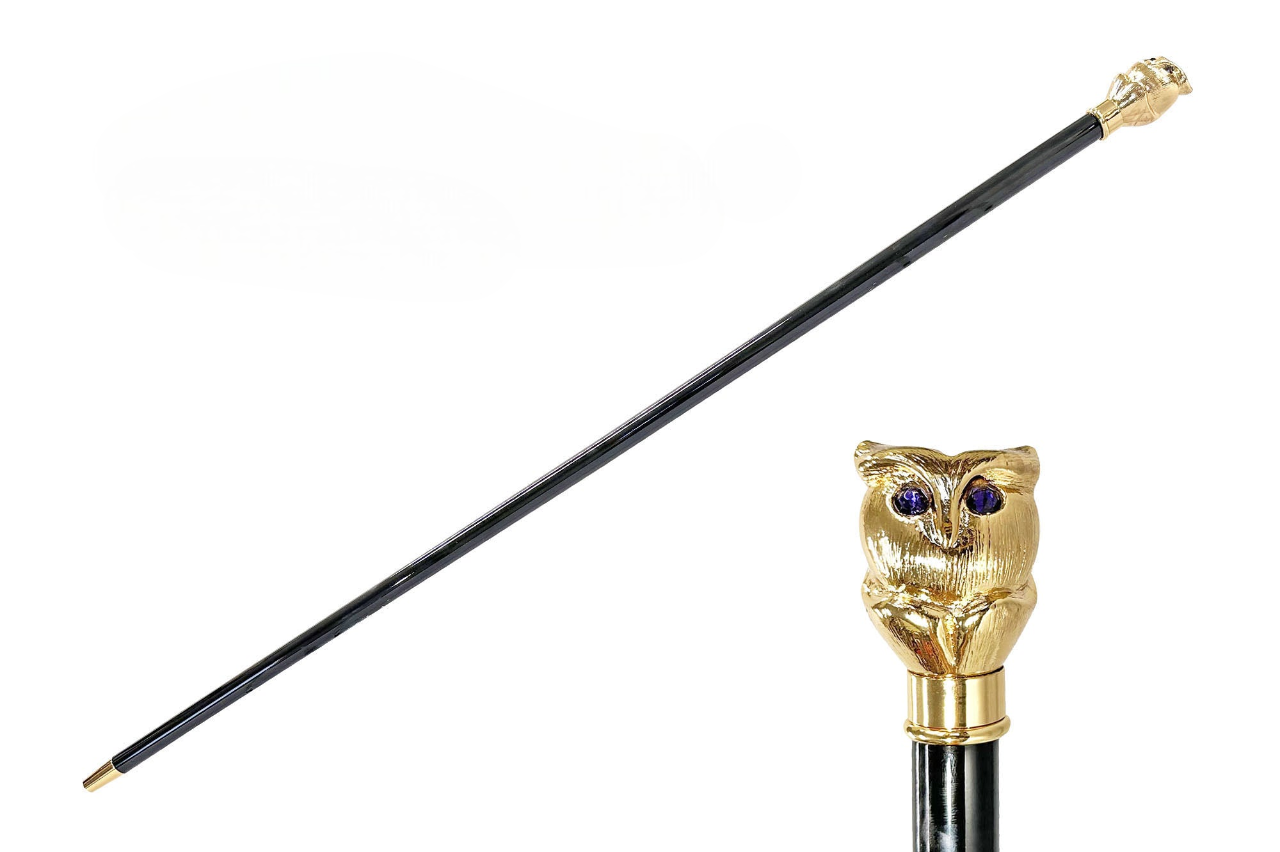 Luxury Walking Stick – Italian Handcrafted Owl Handle Cane with 24K Gold Plated Brass Tip