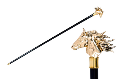 Gold Plated Walking Stick – Handmade Horse Handle Cane with Black Beechwood Shaft