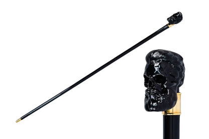 Luxury Walking Cane – Black Skull Handle | Gold-Plated Gothic Men’s Cane