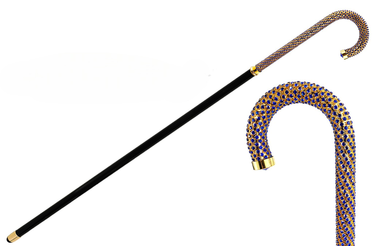 Luxury Walking Stick – Handmade Italian Cane with Sapphire Crystals & Gold Handle