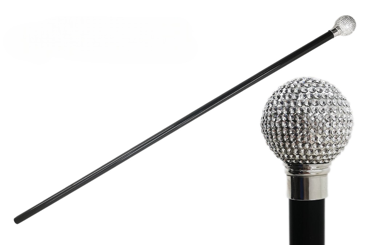 Handcrafted Walking Cane – Elegant Black Lacquered Wood Stick with Swarovski Rhinestones