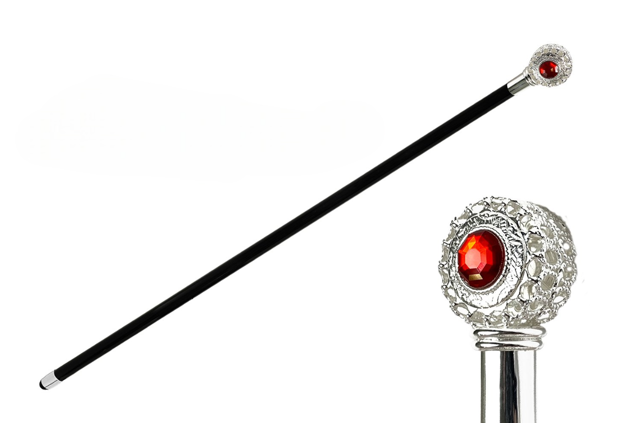 Luxury Walking Cane - Handmade Italian Cane With Silver Plated Handle & Red Rhinestone