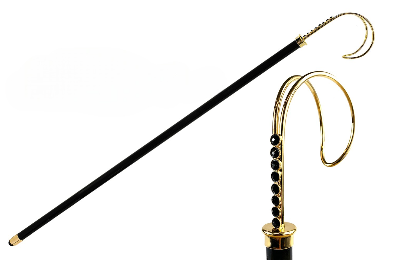 Gold Plated Walking Stick – Handmade Black Lacquer Cane with Swarovski Crystal Handle