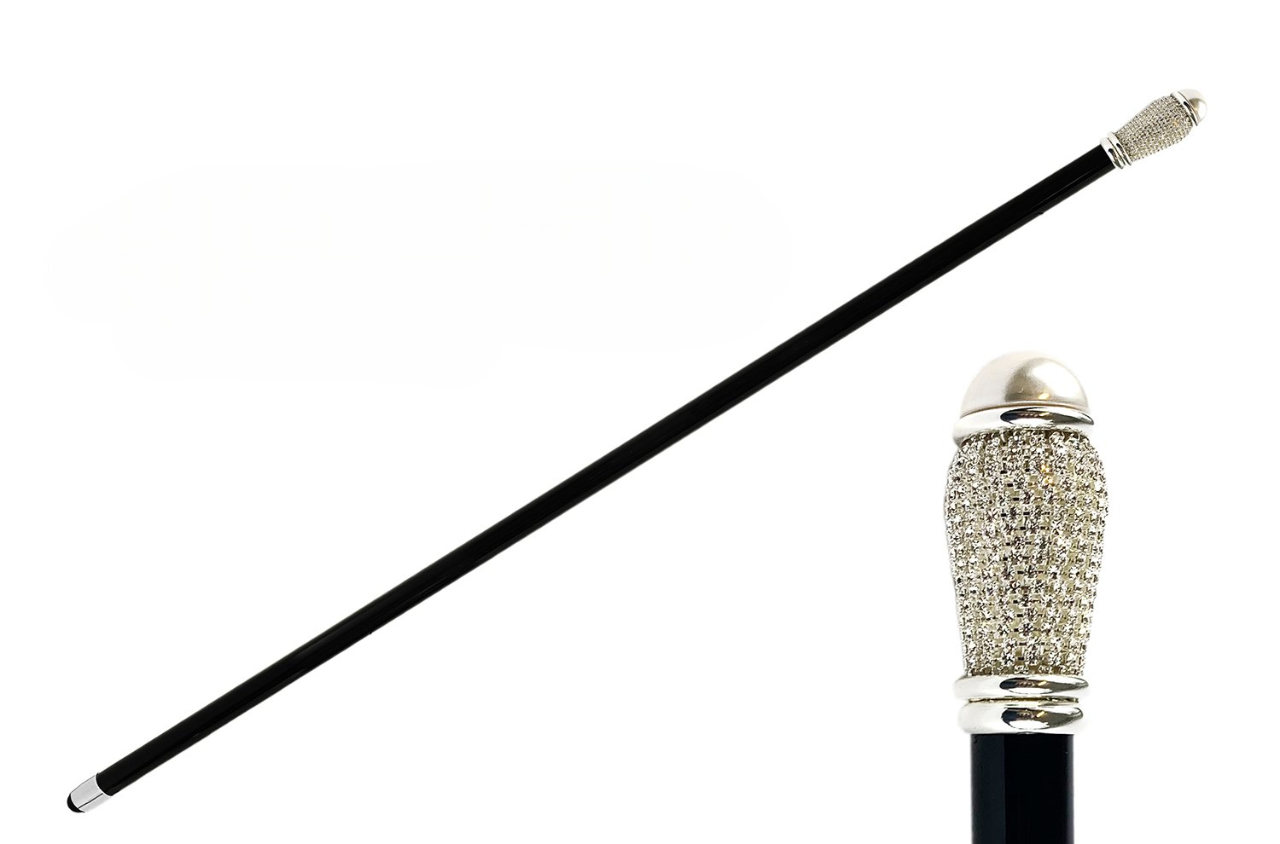 Elegant Evening Cane – Handmade Italian Walking Stick with Pearl & Aquamarine Crystal