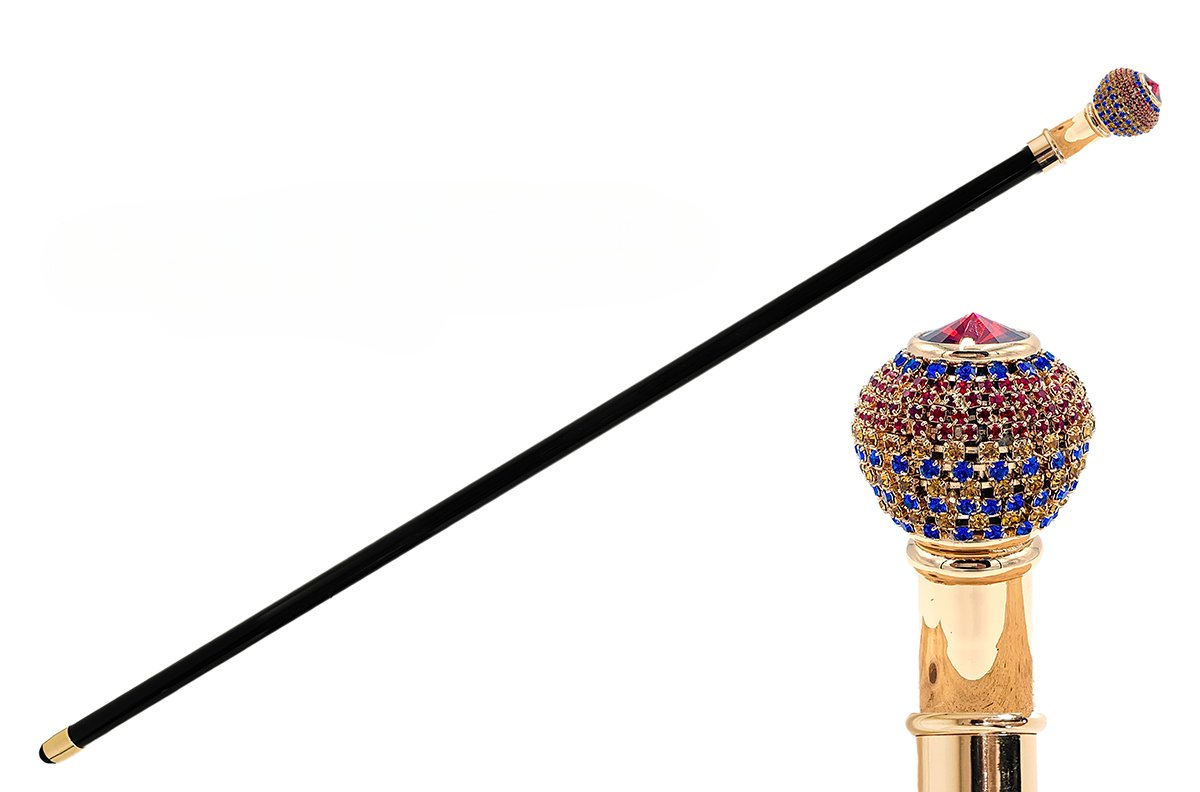 Luxury Italian walking stick by Ilmarchesato featuring tricolor crystals and a 24K gold knob.