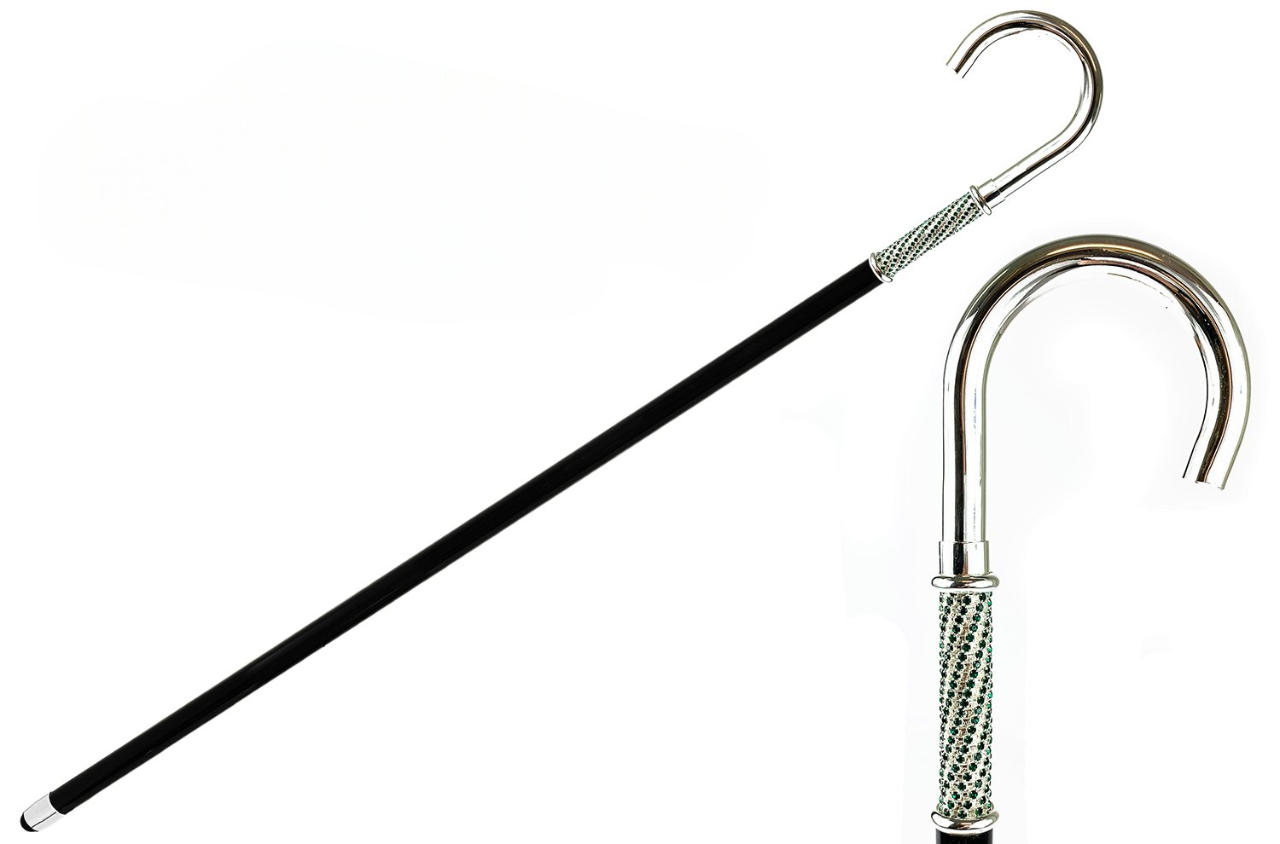 Luxury Walking Stick – Silver-Plated Handle with Emerald Rhinestone Cane for Formal Occasions
