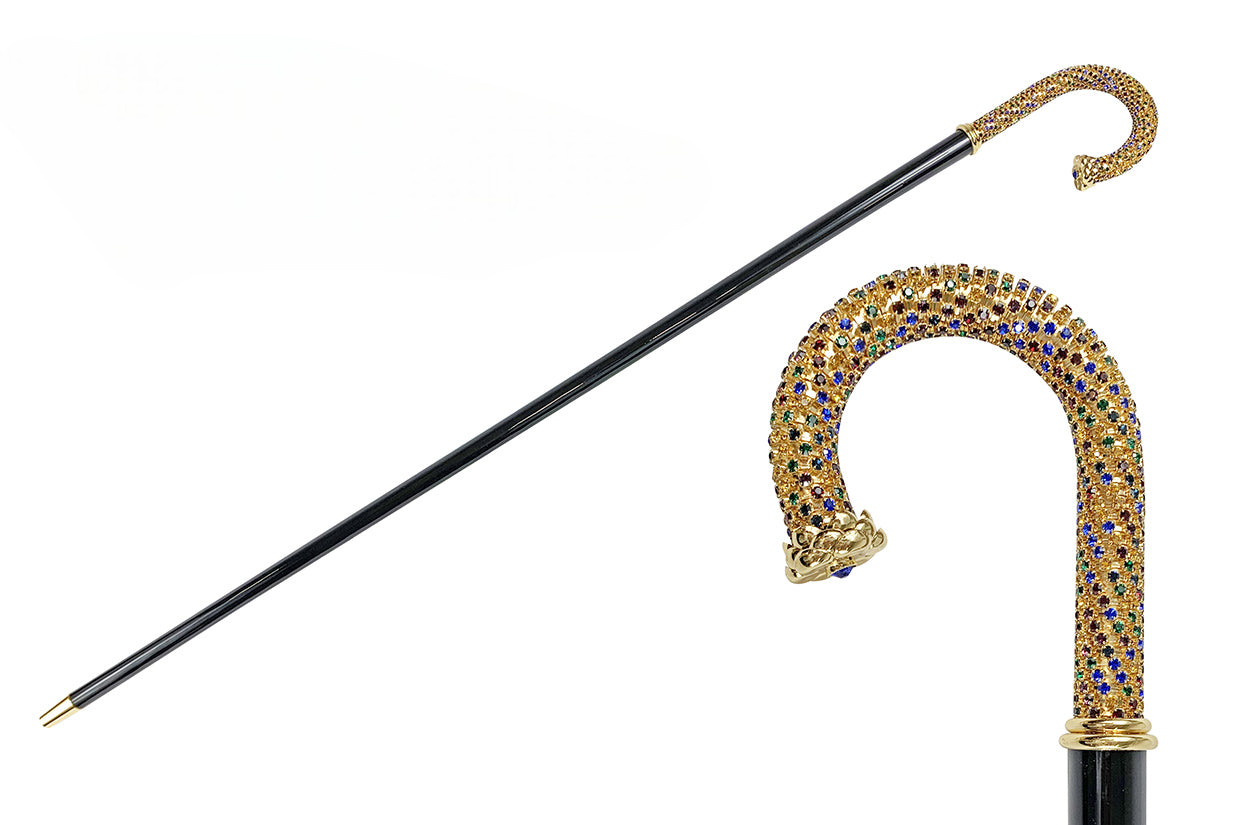 Luxury Walking Cane – Italian Handcrafted Multicolor Crystal Cane with 24K Gold Plated Brass Tip