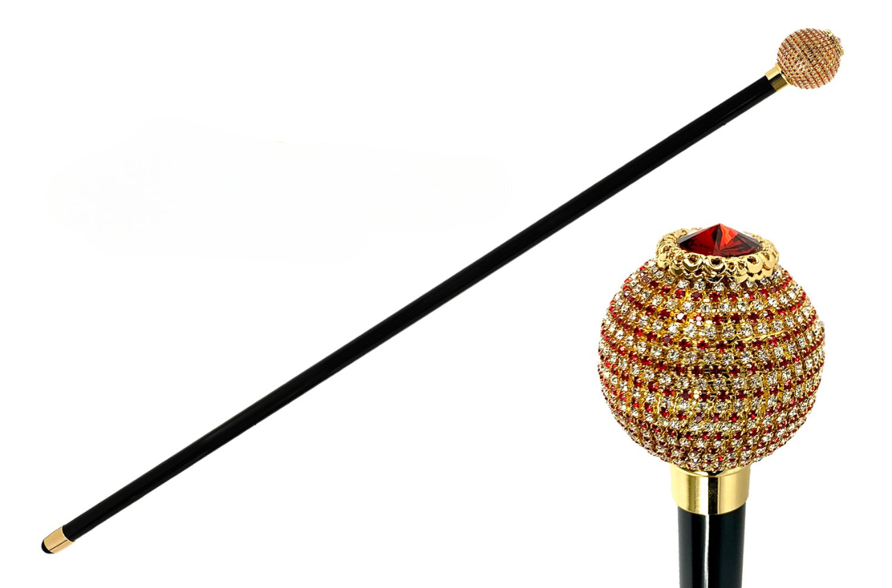 Luxury Walking Stick – Italian Jeweled Cane with Red Crystals & Swarovski Stone