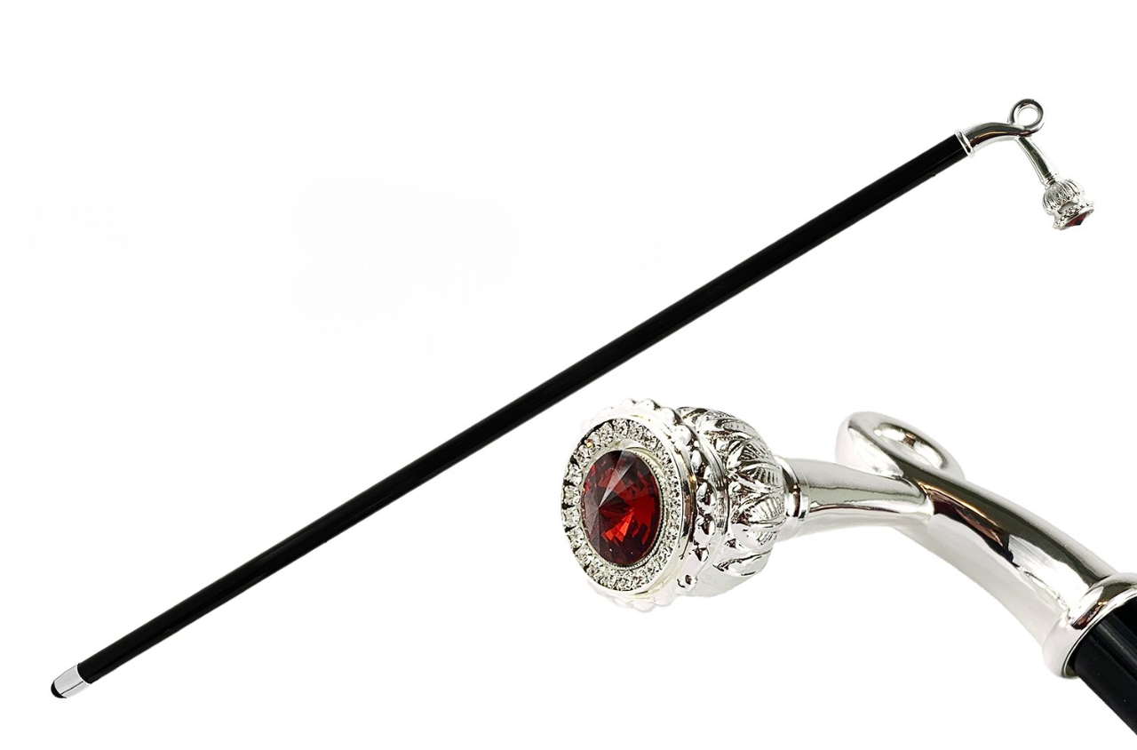 Silver Plated Walking Stick – Handcrafted Luxury Cane with Red Crystal & Gift Box