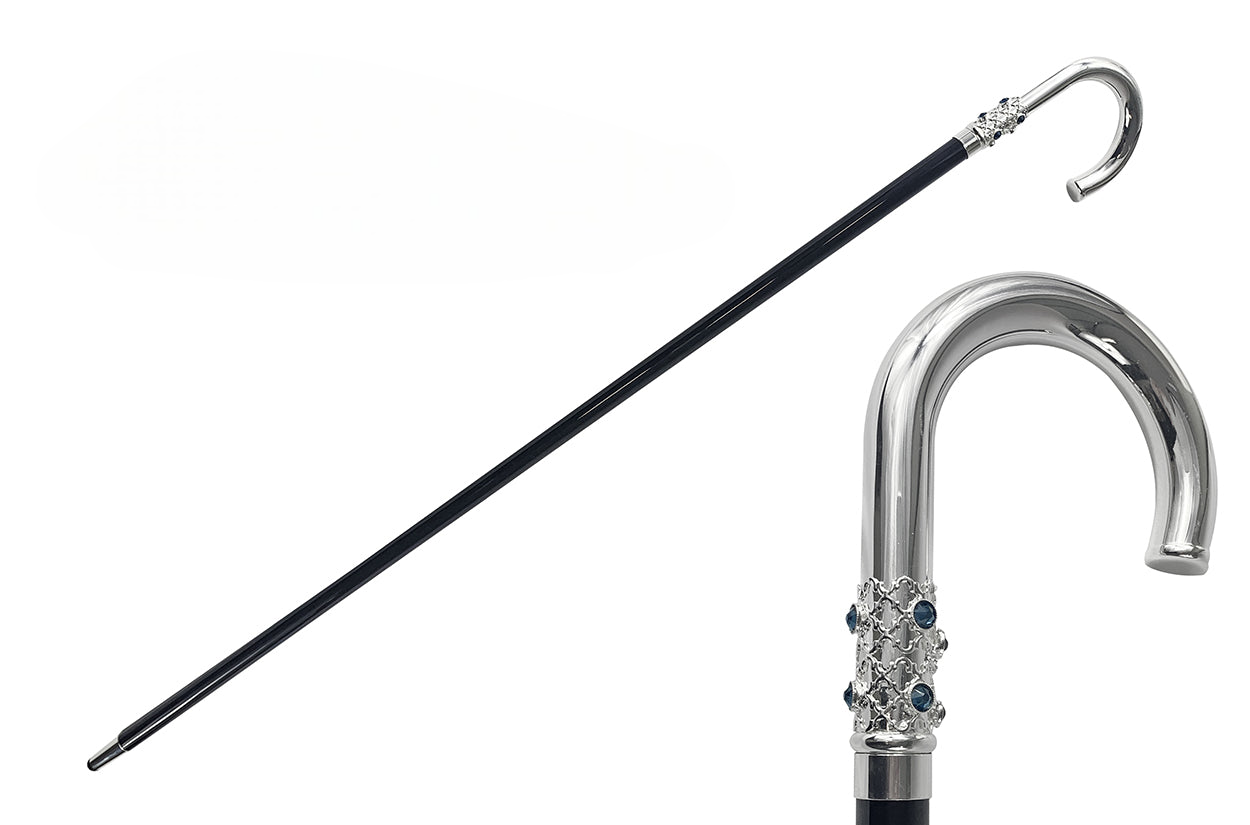 Italian Walking Stick - Handcrafted Cane with Dark Blue Crystals & Silver Plated Handle