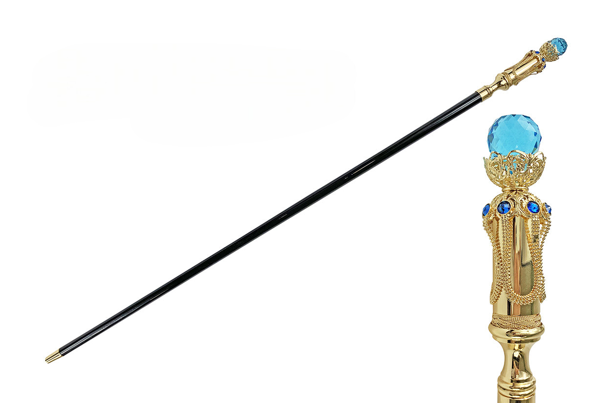 Gold Plated Walking Cane – Handcrafted Black Beechwood Cane with Aqua Crystal Handle