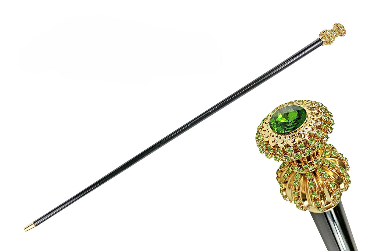Handmade Milord Cane – Luxury Italian Walking Stick With Emerald Crystals & 24K Gold Plating