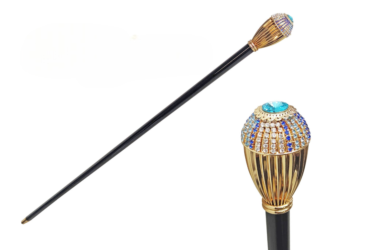 Luxury Walking Stick – Handcrafted Italian Cane with Multicolor Crystal Knob & 24K Gold Plated Handle