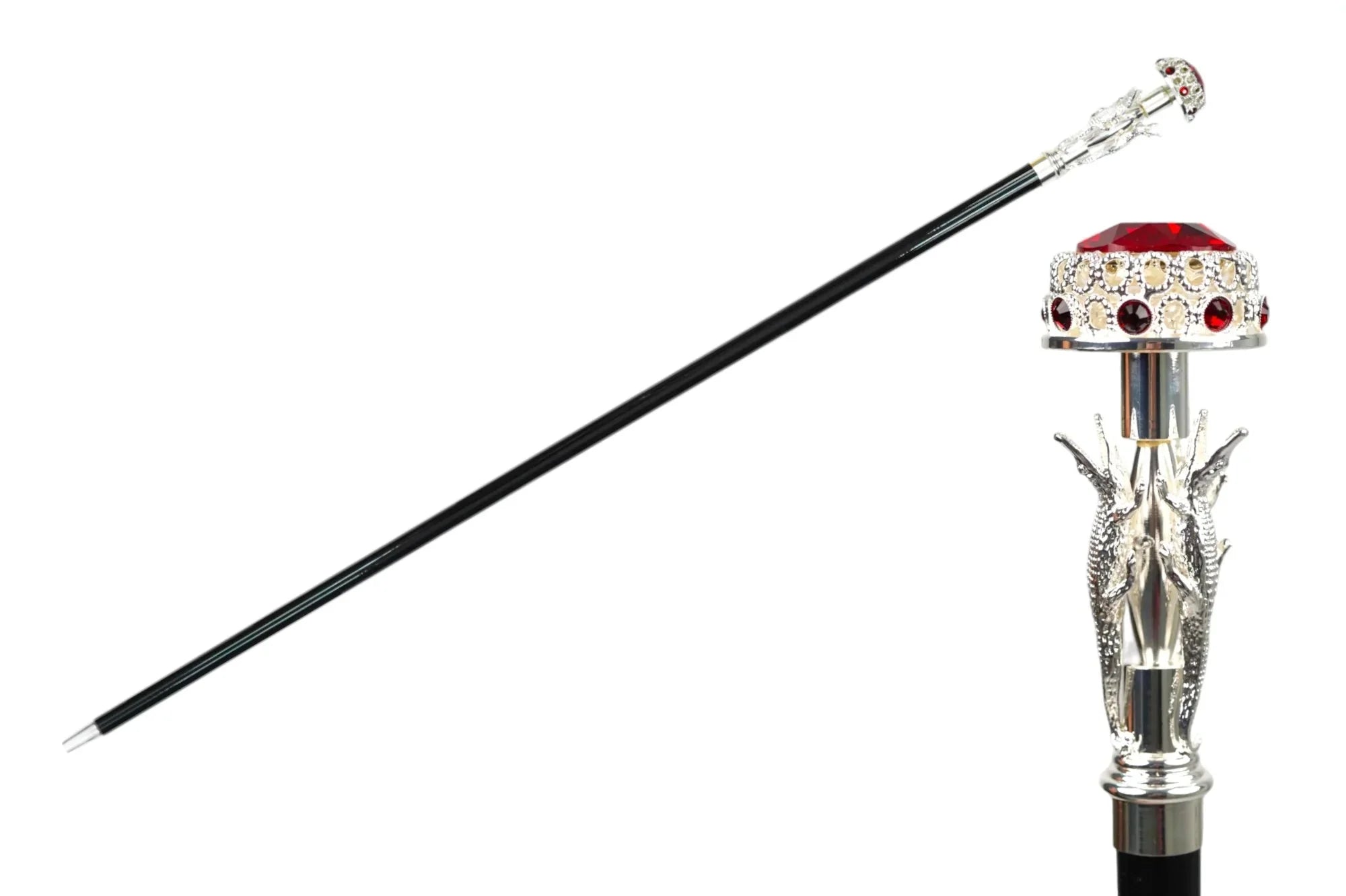 Luxury Walking Cane – Crocodile Handle Silver Plated Stick with Siam Crystals