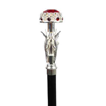Luxury Walking Cane – Crocodile Handle Silver Plated Stick with Siam Crystals