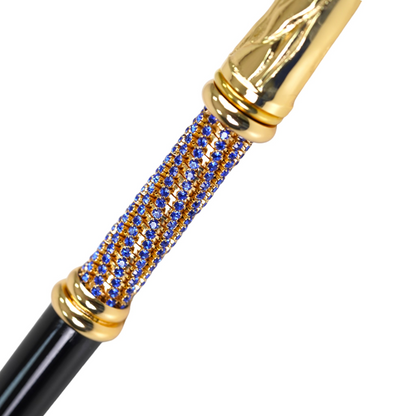Luxury Italian Walking Cane – Handcrafted Black Beechwood Stick with 24K Gold Cane Tip & Sapphire Crystal Handle
