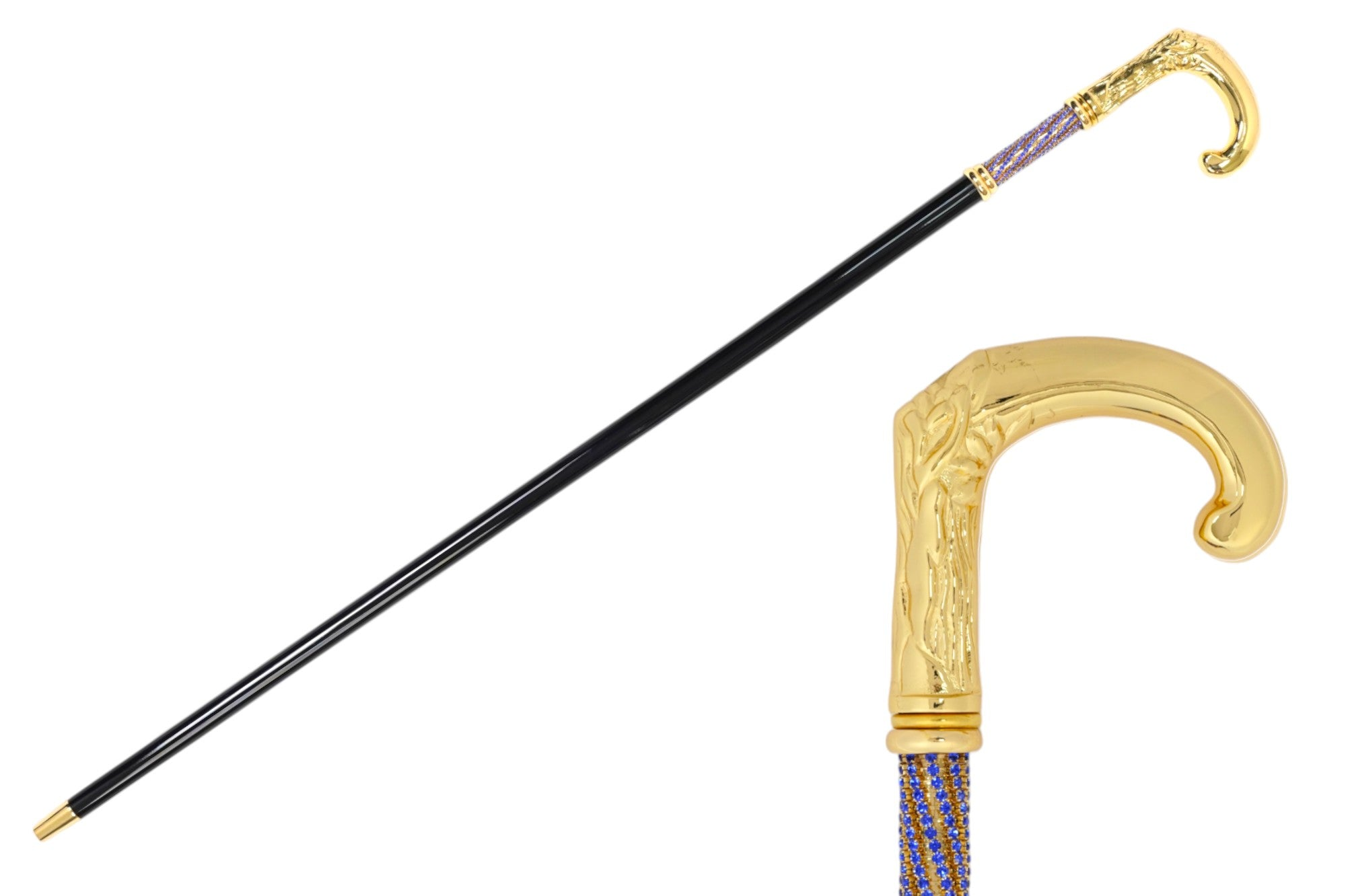 Luxury Italian Walking Cane – Handcrafted Black Beechwood Stick with 24K Gold Cane Tip & Sapphire Crystal Handle