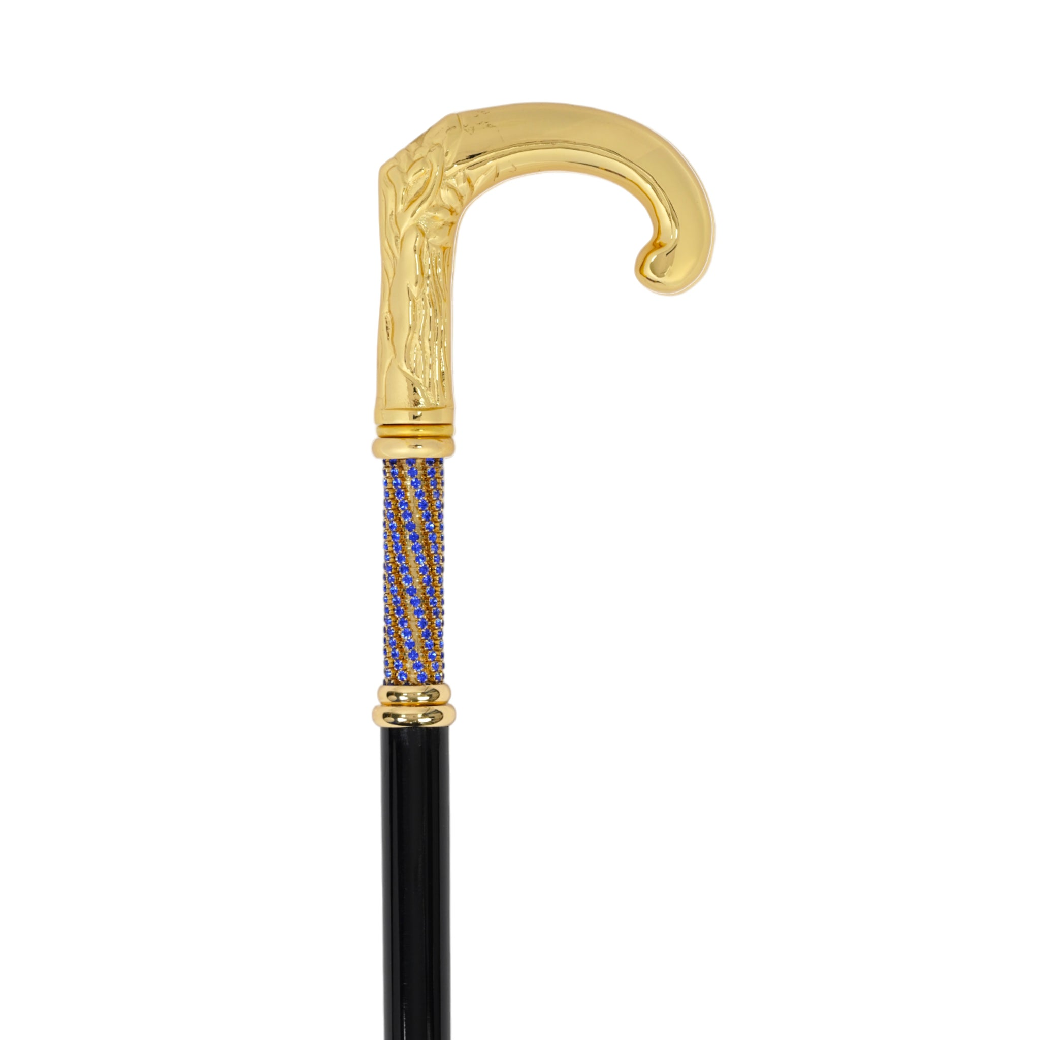 Luxury Italian Walking Cane – Handcrafted Black Beechwood Stick with 24K Gold Cane Tip & Sapphire Crystal Handle