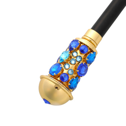 24K Gold Walking Cane – Luxury Sapphire & Aqua Crystal Handle With Black Beech Wood Shaft