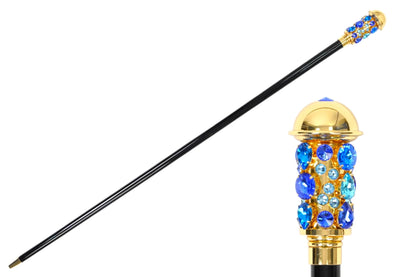 24K Gold Walking Cane – Luxury Sapphire & Aqua Crystal Handle With Black Beech Wood Shaft