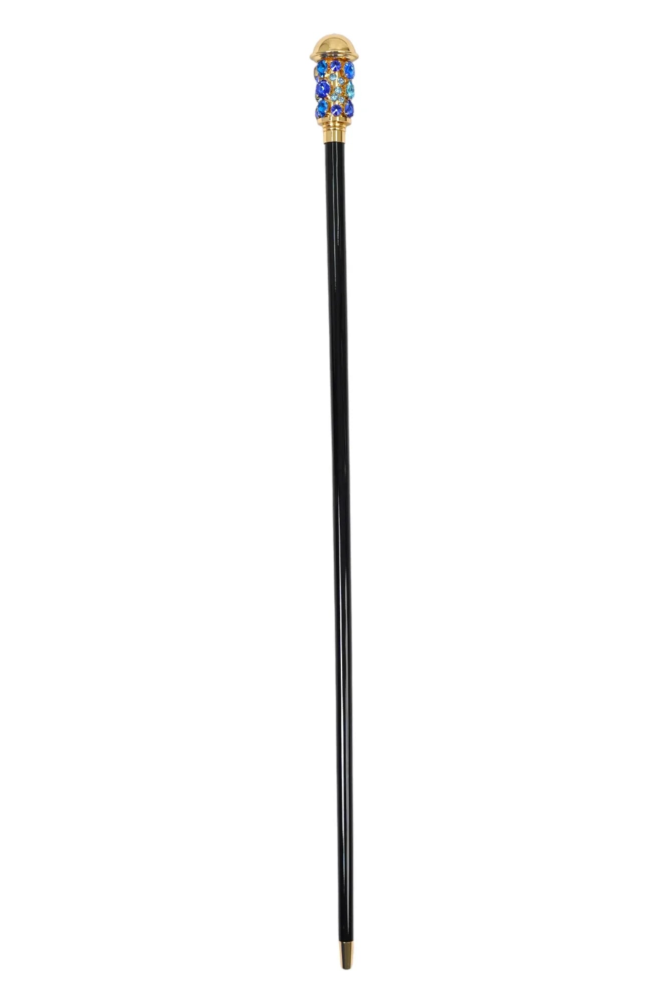 24K Gold Walking Cane – Luxury Sapphire & Aqua Crystal Handle With Black Beech Wood Shaft
