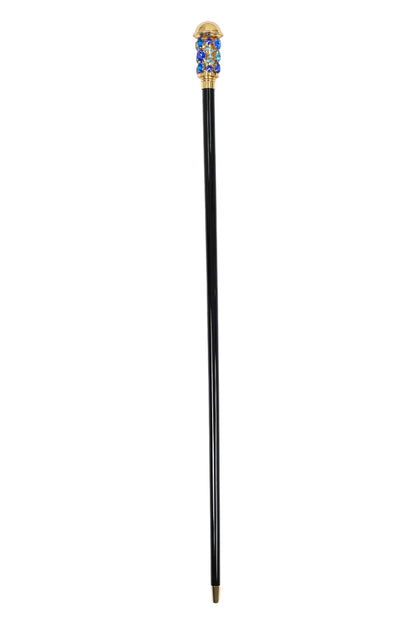 24K Gold Walking Cane – Luxury Sapphire & Aqua Crystal Handle With Black Beech Wood Shaft