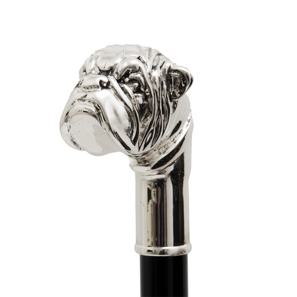 Silver Bulldog Walking Cane – Luxury Handmade Italian Polished Wood Designer Cane