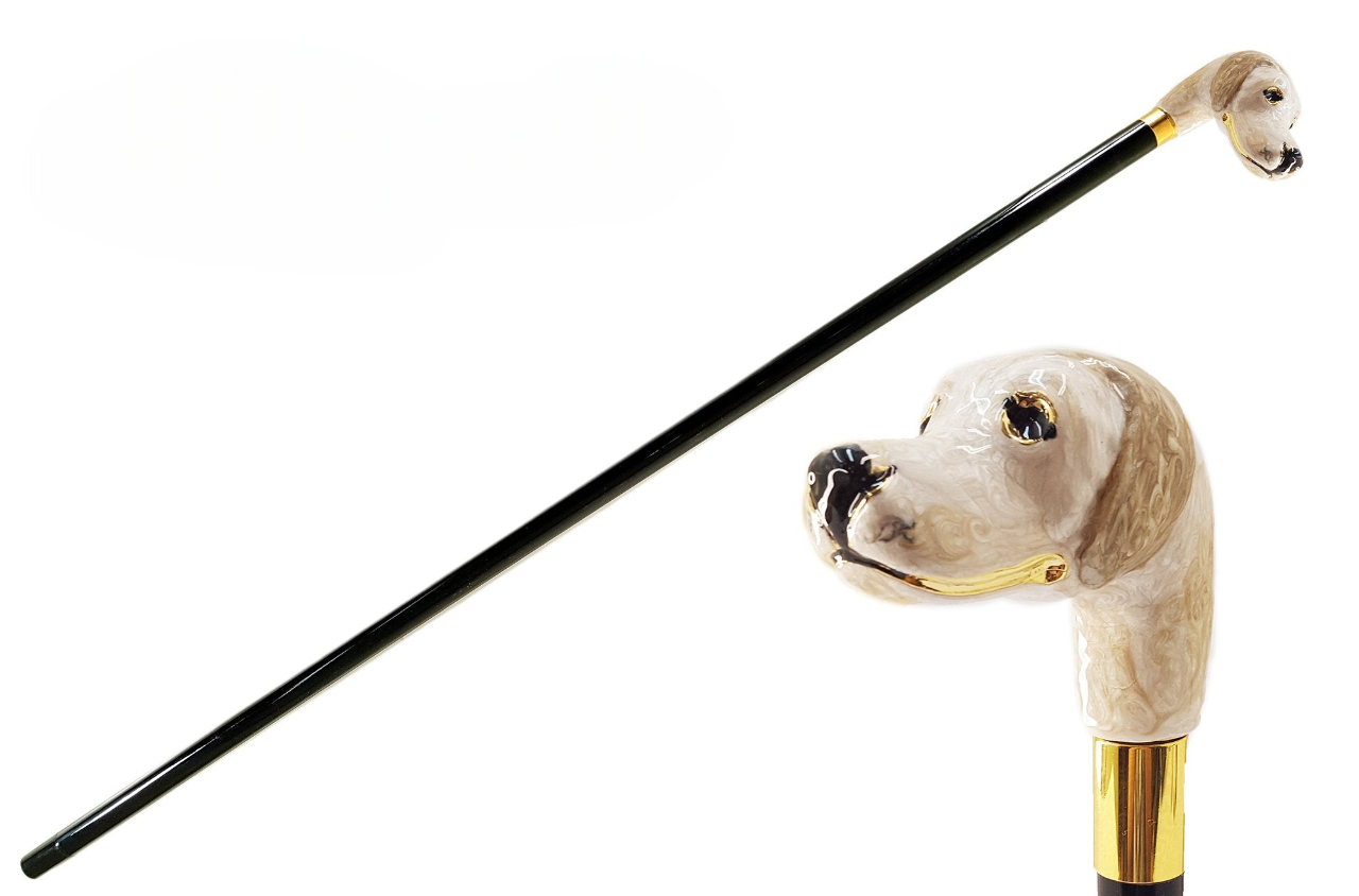 Gold Plated Dog Cane – Handmade Italian Walking Stick with Enameled Dog Head Handle