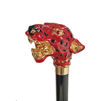 Luxury Gold Walking Cane – Red Puma Handle with Swarovski Crystals, 24K Gold-Plated