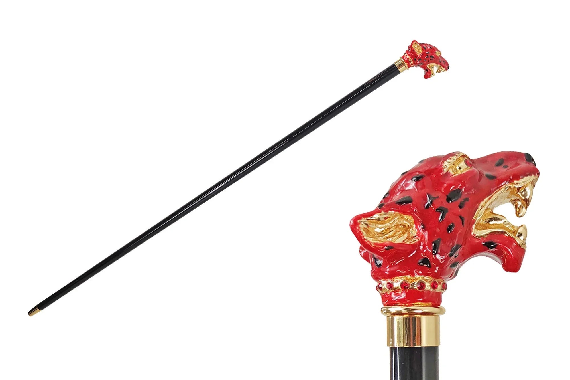 Luxury Gold Walking Cane – Red Puma Handle with Swarovski Crystals, 24K Gold-Plated