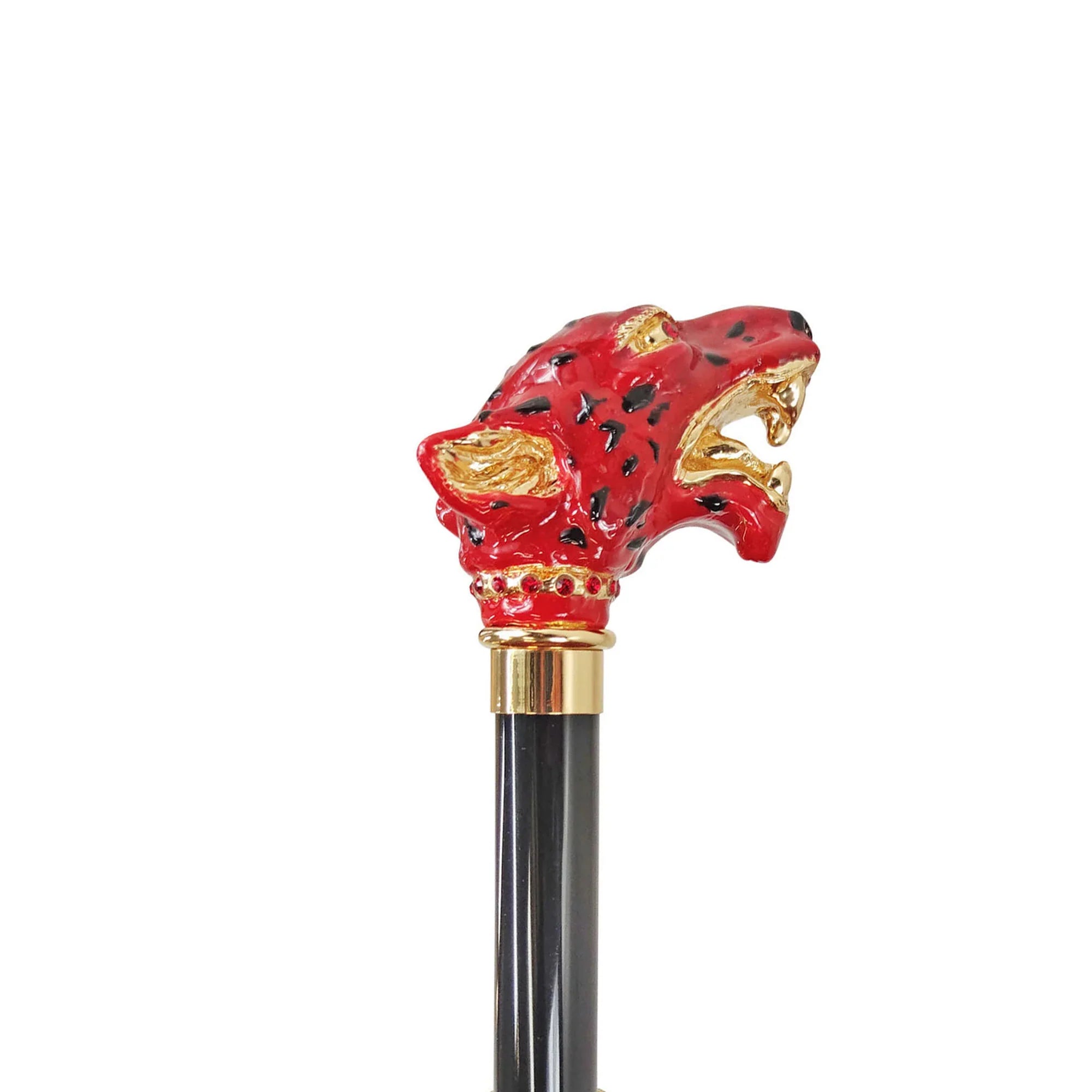 Luxury Gold Walking Cane – Red Puma Handle with Swarovski Crystals, 24K Gold-Plated
