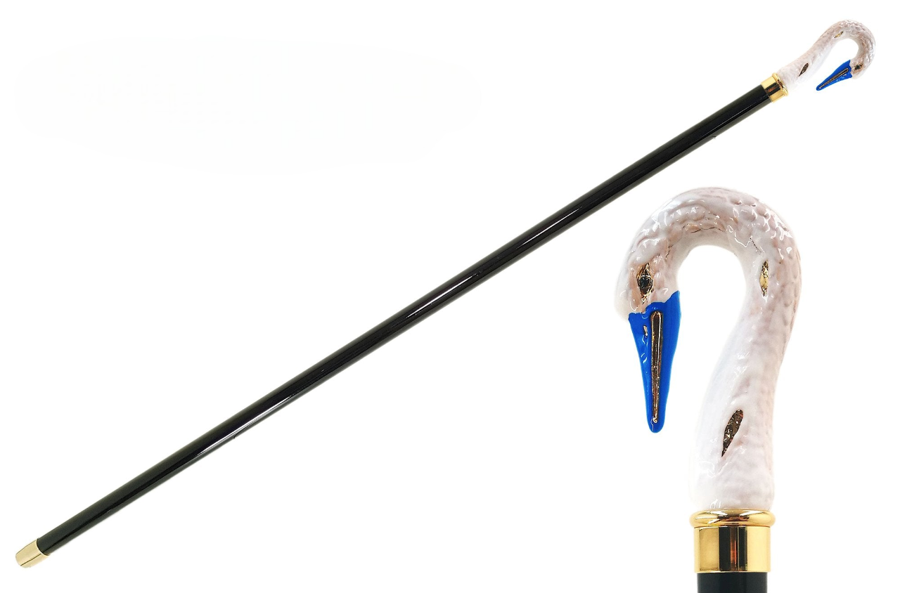 Swan-Head Walking Cane – Hand-Painted Gold Plated Handle | Italian Artisan Cane