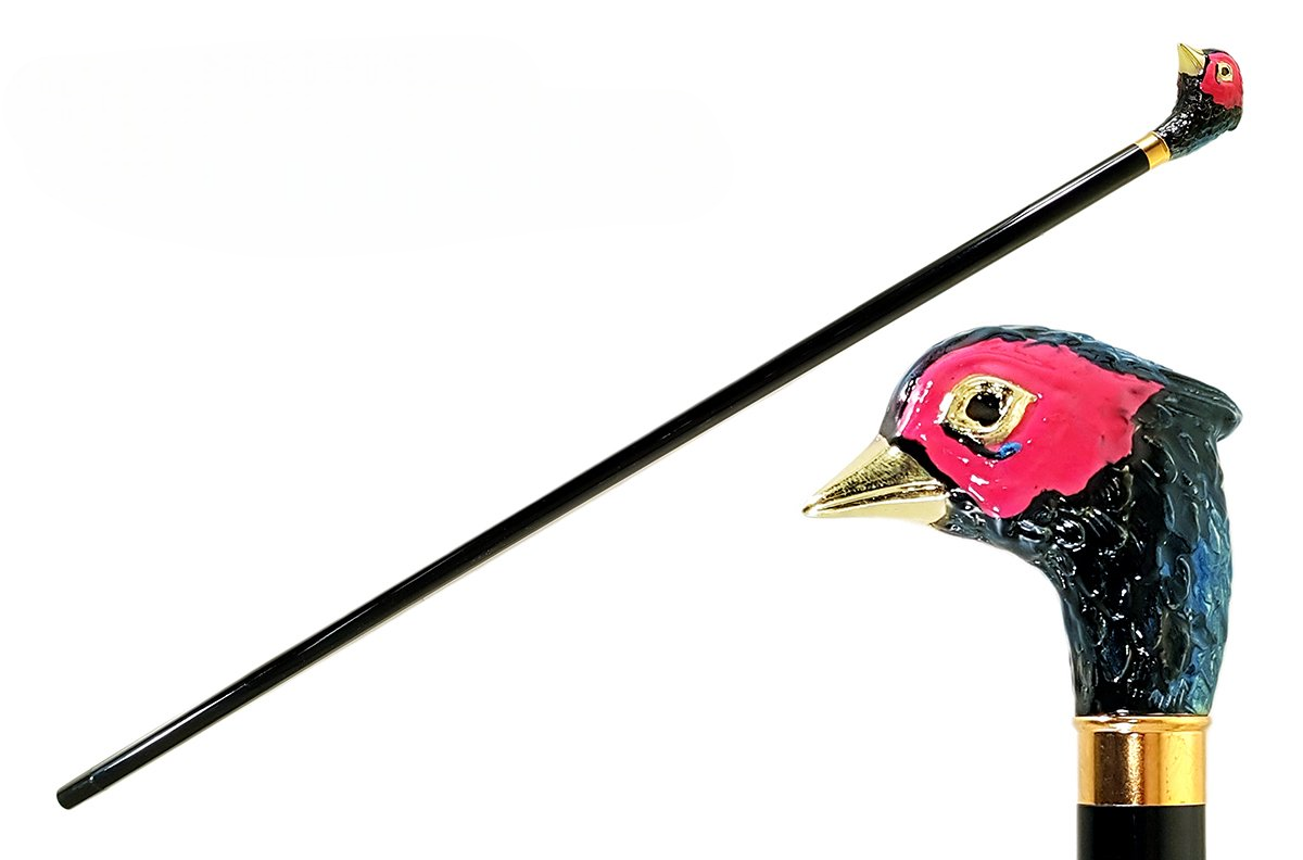 Gold Plated Walking Cane – Handmade Italian Cane with Pheasant Handle & Black Lacquered Shaft
