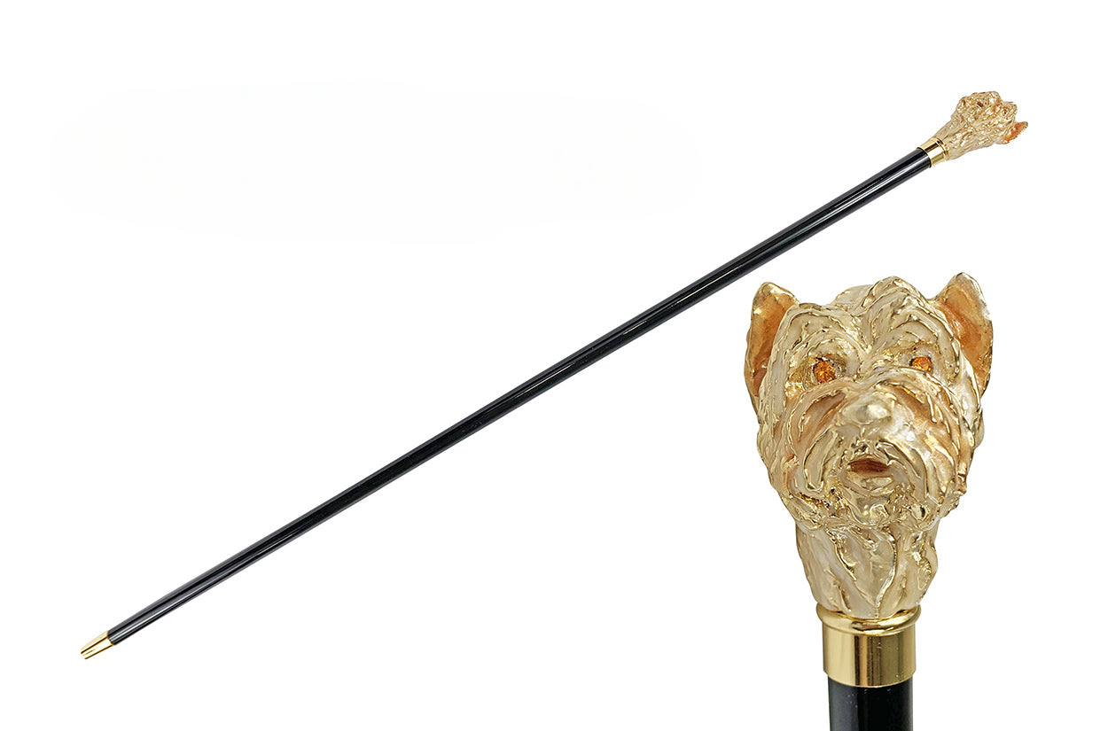 Gold Plated Walking Stick - Handcrafted Italian Cane with Dog Handle & 24K Brass Tip