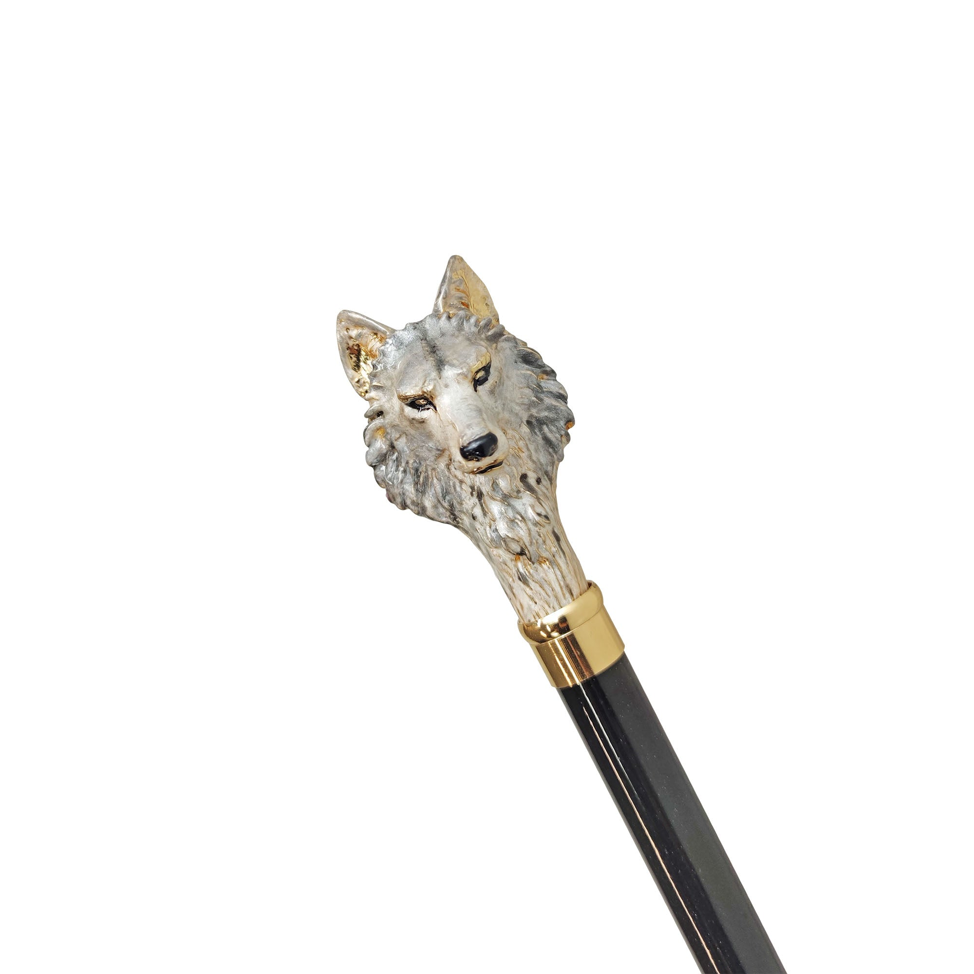 Gold Plated Walking Stick – Hand Painted Wolf Handle Cane with Black Beechwood Shaft