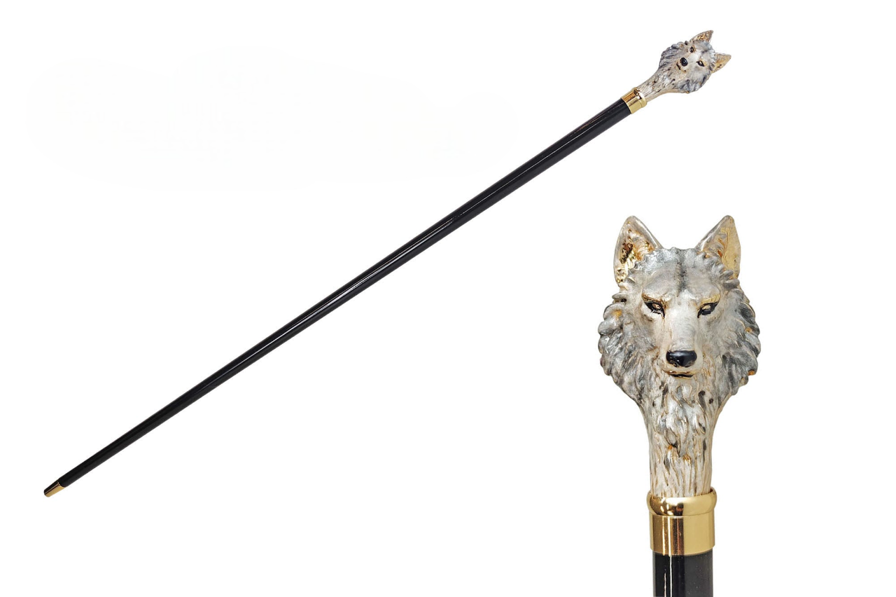 Gold Plated Walking Stick – Hand Painted Wolf Handle Cane with Black Beechwood Shaft