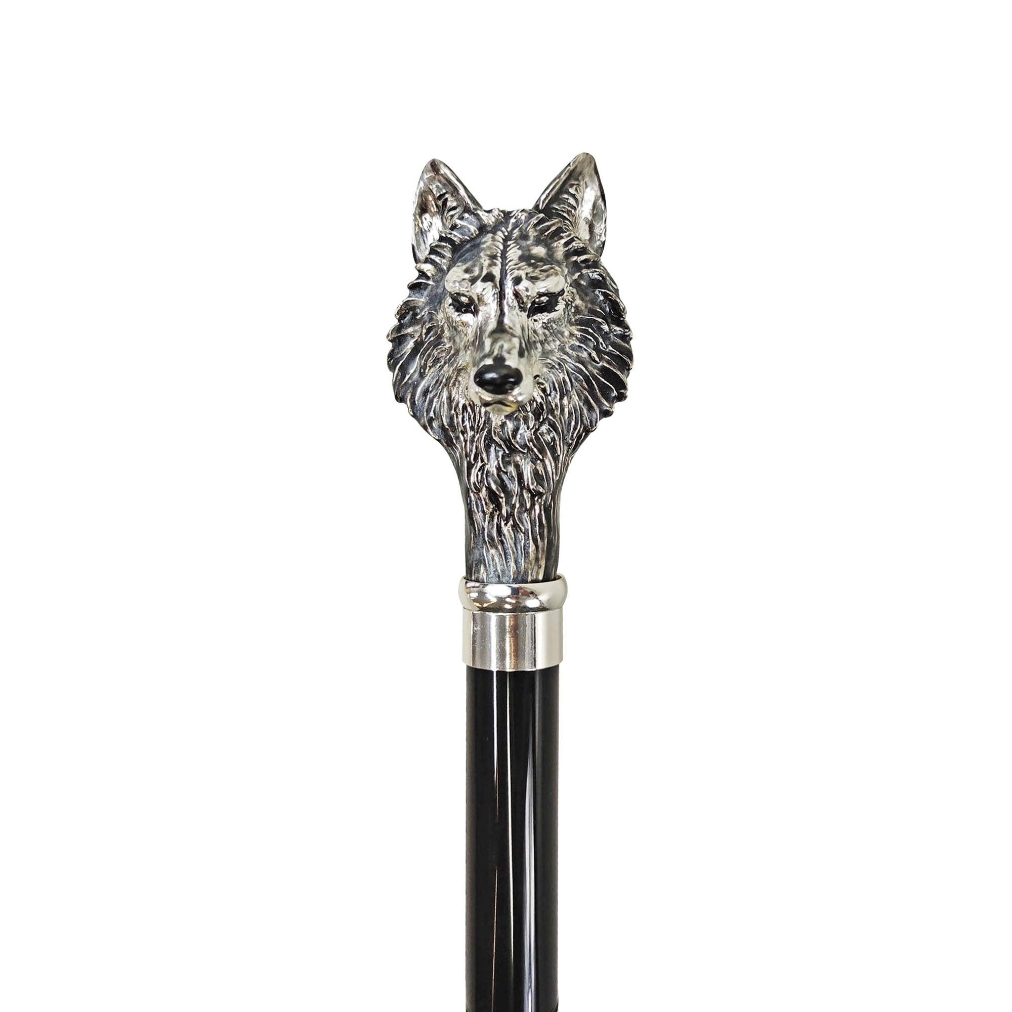 Silver Plated Walking Cane – Handcrafted Black Beechwood Cane with Wolf Handle