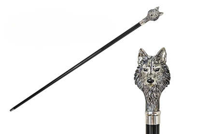 Silver Plated Walking Cane – Handcrafted Black Beechwood Cane with Wolf Handle