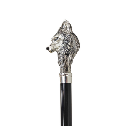 Silver Plated Walking Cane – Handcrafted Black Beechwood Cane with Wolf Handle