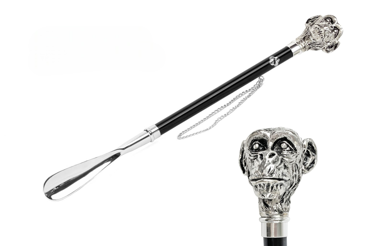 Silver Plated Shoehorn – Long Handled Italian Monkey Motif with Gift Box