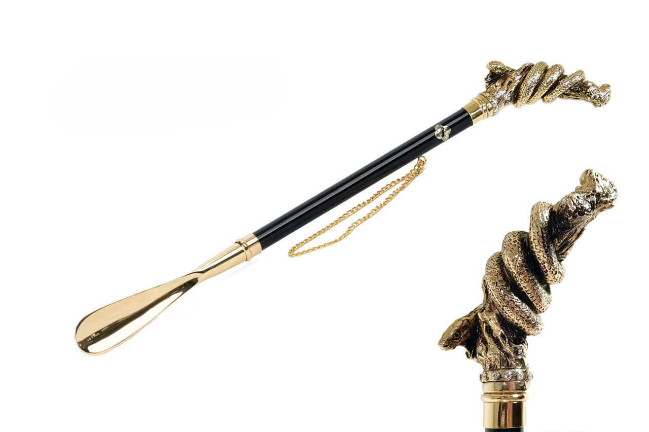 24K Gold Shoehorn – Handcrafted Italian Snake Design with Crystals, Long Handle