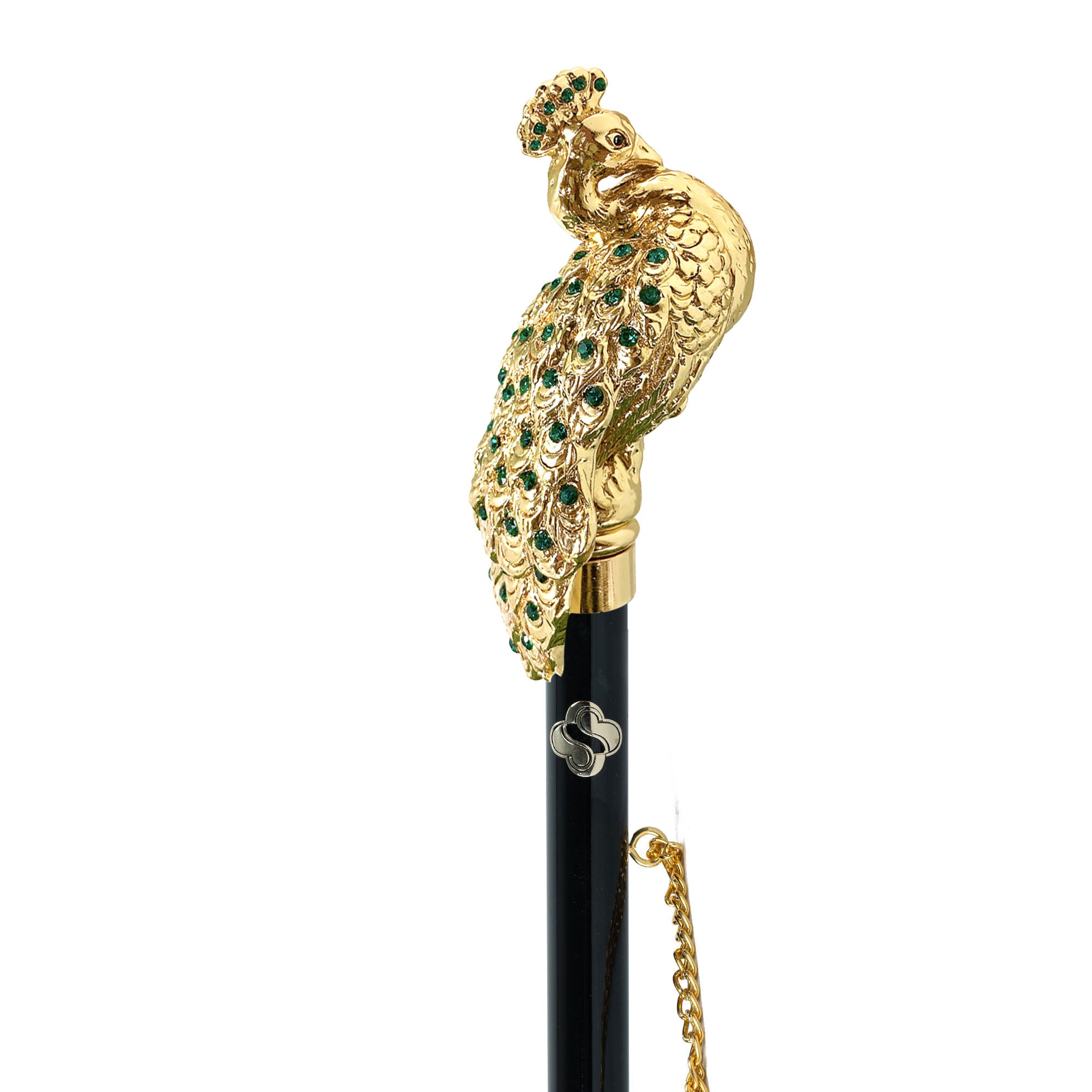 Gold Plated Shoehorn – 24K Long Handled Peacock Handle with Emerald Crystals