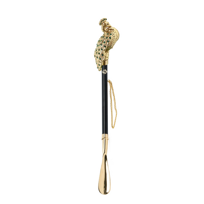 Gold Plated Shoehorn – 24K Long Handled Peacock Handle with Emerald Crystals