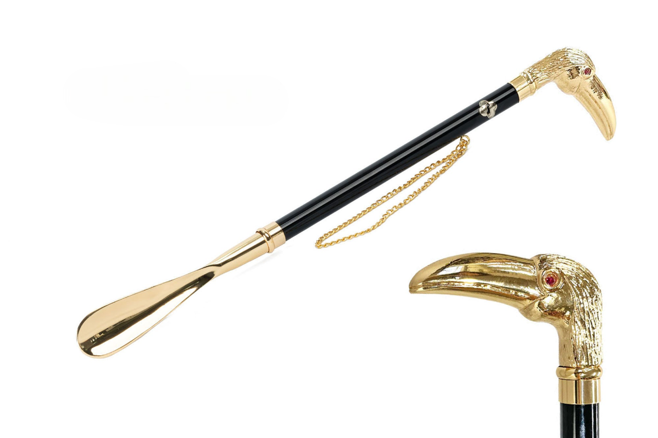 24K Gold Shoehorn – Handcrafted Long Handle with Tropical Toucan Design